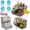 2Pcs Stackable Fruit Baskets For Kitchen Wall Mounted Hanging Basket With Wood Lid 4 Banana Hooks Potato and Onion Storage Bin Kitchen Organizers for
