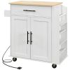 HOMCOM Kitchen Island with Storage, Rolling Kitchen Cart with AC Outlets and USB Ports, Microwave Stand with Towel and Spice Rack, White
