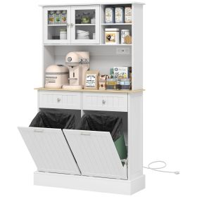 Kitchen Cabinet with Charging Station, 2 Tilt Out Cabinets, Microwave Stand, Freestanding Kitchen Pantry Cabinet, White