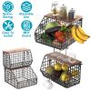 2Pcs Stackable Fruit Baskets For Kitchen Wall Mounted Hanging Basket With Wood Lid 4 Banana Hooks Potato and Onion Storage Bin Kitchen Organizers for